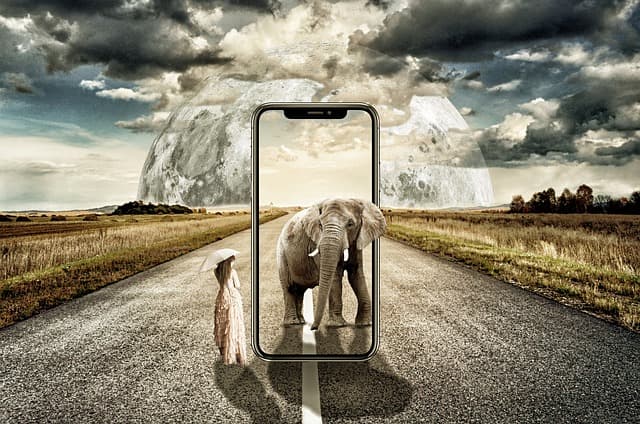 Composite illustration of an elephant on an open road seen through a smartphone screen