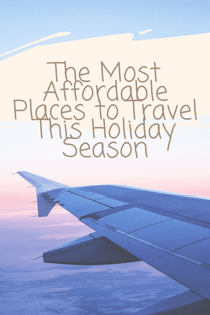 Graphic reading The Most Affordable Places to Travel This Holiday Season over an aeroplane wing above the clouds