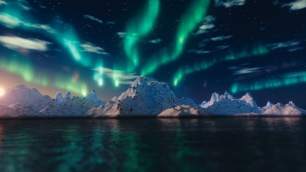 Green aurora over snow-capped peaks and still water at night