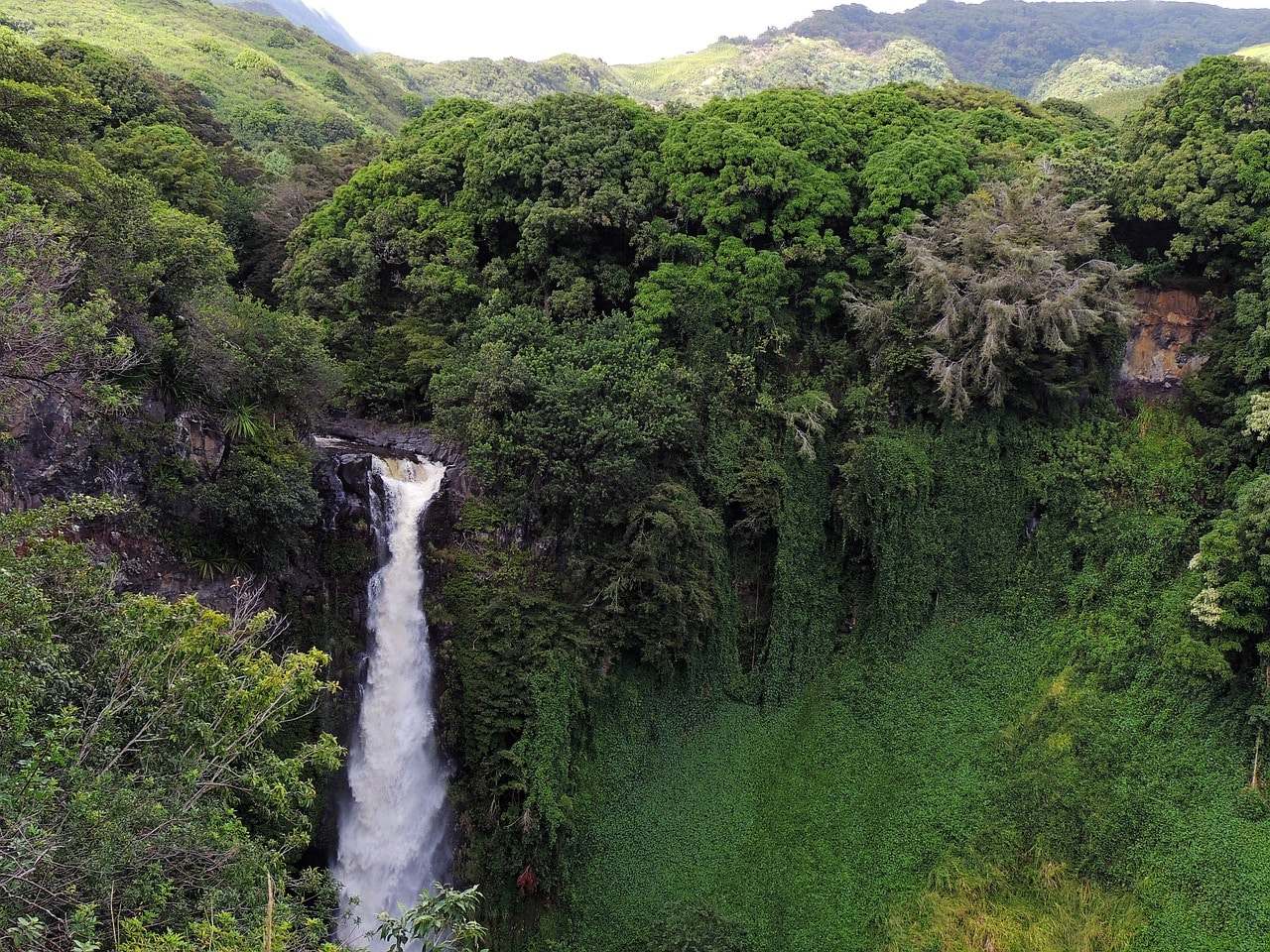 A waterfall dropping into a gorge in lush green hills